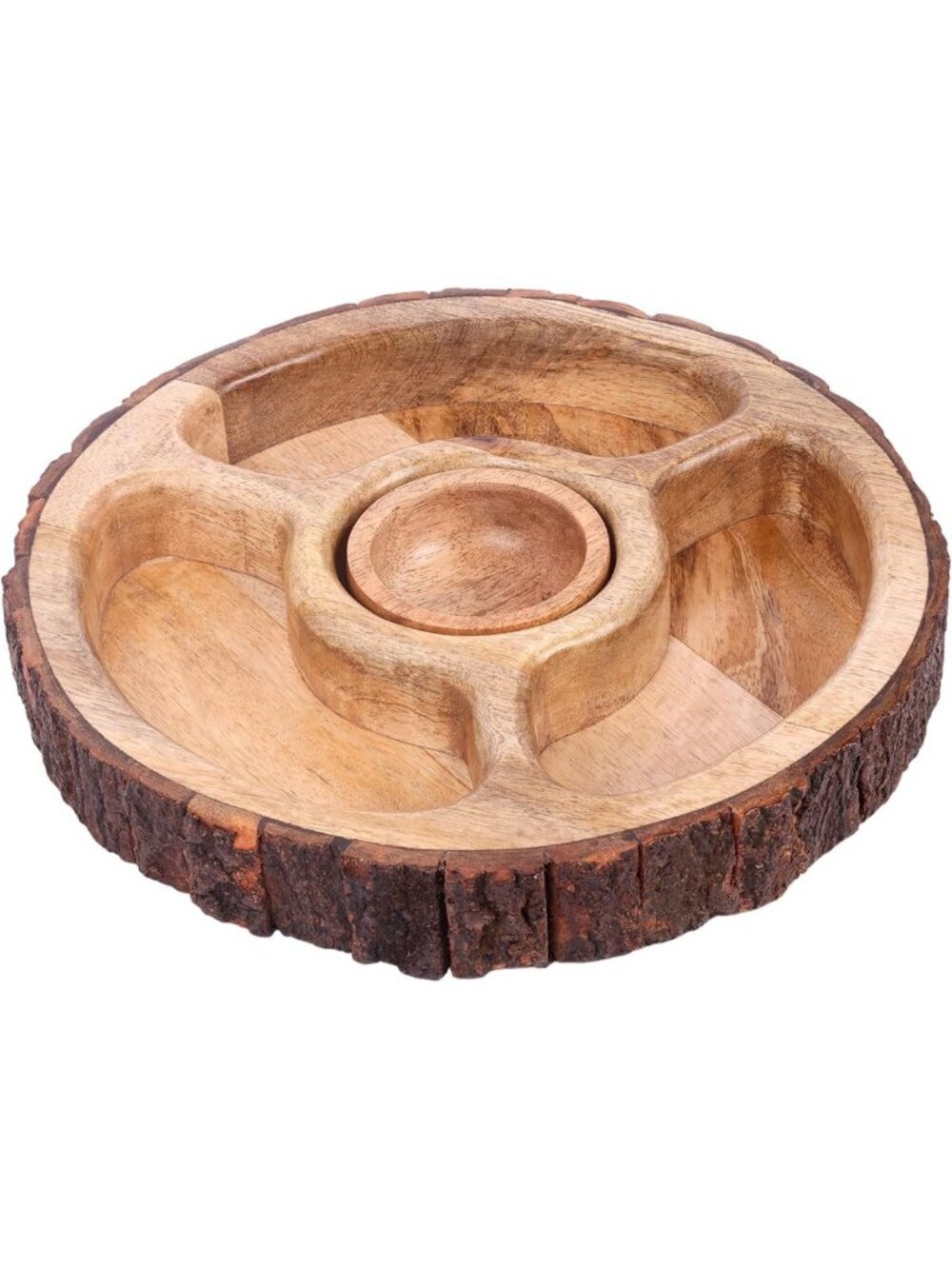 Rustic Mango Wood Chip & Dip Serving Tray, 4-Section Appetizer Platter, Snack